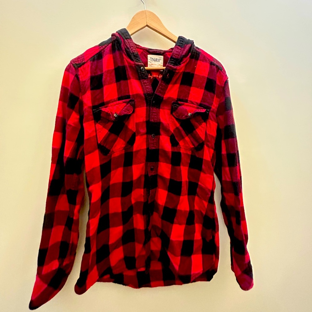 TnA ‘Boyfriend Fit’ Hooded Plaid Shirt